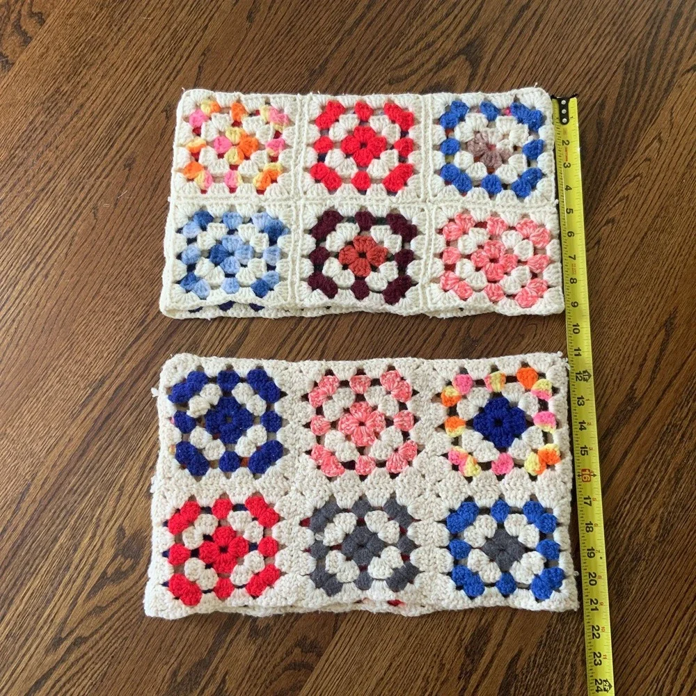VTG Pair Hand Made Crochet Colorful‎ Granny Square Pillow Covers READ